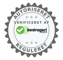 Stempel: verificeret af Bedrageri.com, autoriseret og reguleret