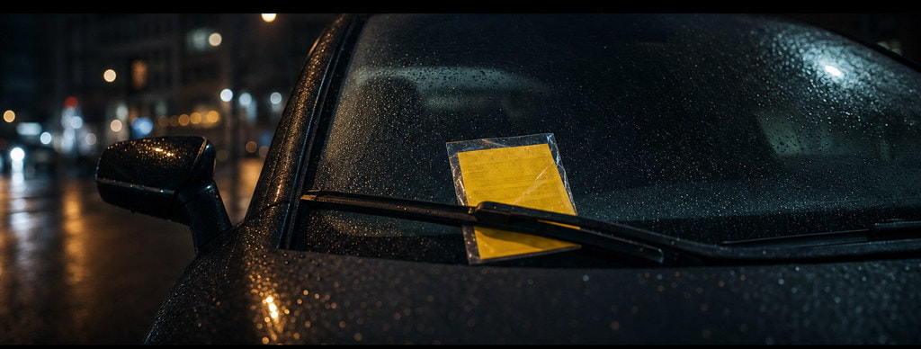 En parkeringsbøde i forruden på en bil